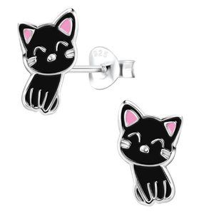Sterling Silver Cat Stud Earrings Black